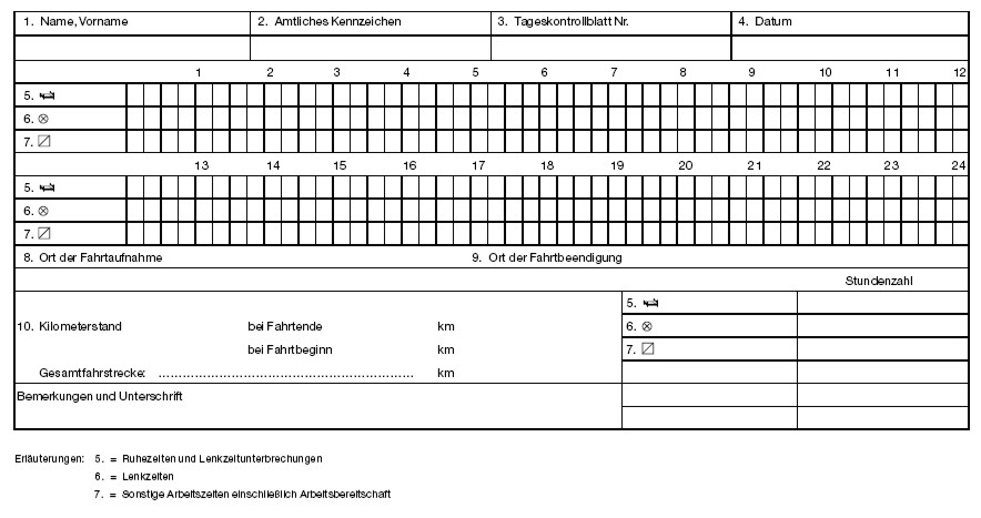 Muster fr Aufzeichnungen ber Lenkzeiten, alle sonstigen Arbeitszeiten, die Lenkzeitunterbrechungen und die Ruhezeiten. 